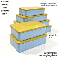 Boîte rectangulaire en fer blanc bleu pour biscuits, personnalisable, avec couvercle, couleur jaune moutarde, vente en gros, usine OEM ODM, impression personnalisée