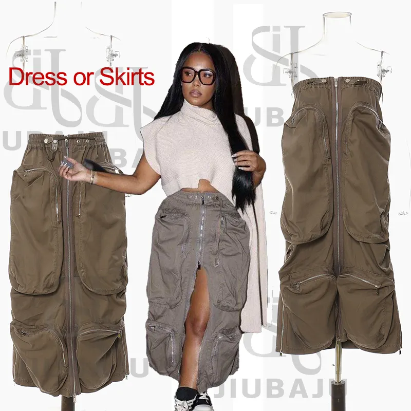 Fashion Women's Skirt Dress New Elastic High Waist Zipper Big Pockets Loose Straight Brown Mid-calf Cargo Skirts Autumn