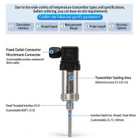 Transmetteur de température industriel avec connecteur Hirschmann, sonde en acier inoxydable, longueur personnalisable, compatible OEM