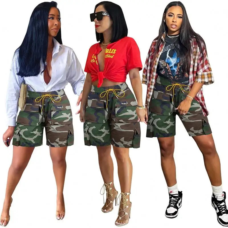 Nuevo estilo Casual Multi bolsillos Cargo Shorts Tela de mezclilla Camo Ropa de mujer Streetwear Cintura media Camuflaje Pantalones cortos de mujer