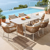 Ensemble de meubles de jardin J&M T776, table à manger moderne en aluminium avec 6 chaises, tissage en corde, pour usage extérieur
