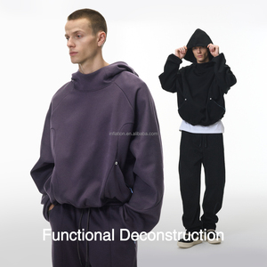 QUICKSHOW Streetwear Mock Neck <span class=keywords><strong>Patchwork</strong></span> Sweat à capuche doublé polaire Baggy Sleeve Designer Hoodie Heavy Boxy Cropped Hoodie - Product Image 4