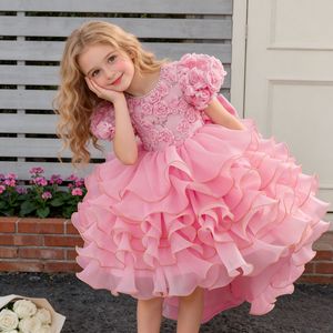 Robe de bal en tulle style princesse pour filles, robe de demoiselle d'honneur rose avec volants et broderies, hiver 2025 - Product Image 1