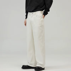 Pantalones Vaqueros de Mezclilla para Hombre, de Alta Gama, Corte Recto, Pierna Ancha, Lavado Medio, Cintura Media, Color Sólido, 100% Algodón, para Otoño - Product Image 5