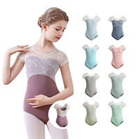 A102 Grosir Pabrik Langsung Leotard Balet Anak Lengan Pendek Berbahan Jaring Renda Putih Kerah Bulat Pakaian Tari Kustom untuk Studio