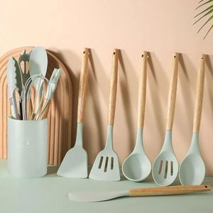 Nordic Style Silicone Kitchenware Utensils 12-Piece Set with Wooden Handle and Printing Logo-Dishwasher Safe - Product Image 4