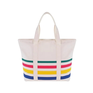 Sac fourre-tout en toile à rayures colorées, deux poignées, fermeture éclair, imperméable, style tendance pour le shopping toutes saisons - Product Image 3