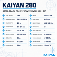 Foreuse de puits d'eau sur chenilles en acier KY280, profondeur 280m, forage 140-305mm, moteur diesel Yuchai 77.3kW, foreuse DTH