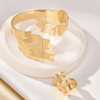 Ensemble bague et bracelet feuille ajourée, style exagéré et minimaliste, bijoux de main ajustables pour femme