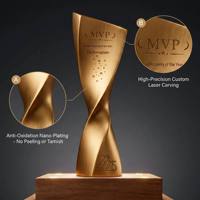 Trophée de reconnaissance moderne haut de gamme personnalisé en forme de pilier, avec motif torsadé doré, pour récompense de performance d'entreprise, avec coffret cadeau