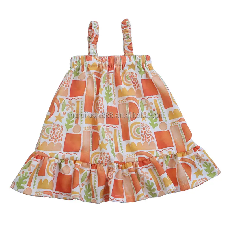 New Style Cotton And Linen Fabric Baby Girls Dress Flower Printed Sleeveless Sling Kids Baby Ruffle Dress