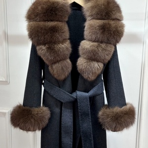 New Autumn Cashmere <b>Wool</b> Blends Women Natural Removable Fox Fur Collar Lace up Loose Double-sided Woolen Fleece Jacket with Belt - Product Image 4