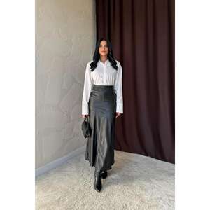 Wholesale Genuine Leather Pencil <b>Skirt</b> with Zipper Detail Black Woolen Fur Plain Style XS <b>Winter</b> Size - Product Image 4