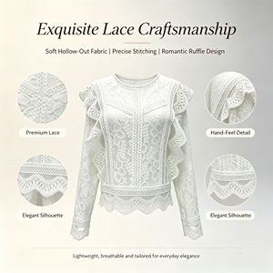 Nouvelle Blouse Femme Style Européen & Américain Coupe Ample Couleur Unie Manches Longues Dentelle Creuse Ourlet Volanté Fermeture Éclair au Dos Top Sexy - Product Image 5