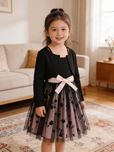 Trẻ Em Bé Gái 2 Bộ Trang Phục Dài Tay Crop Cardigan Spaghetti Dây Hoa Voan Bộ Nơ Eo Trẻ Em Đầm Dự Tiệc - Product Image 2