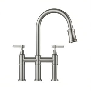 Robinet mélangeur de cuisine en acier inoxydable à 2 poignées, à poser sur comptoir, avec douchette extractible, style traditionnel - Product Image 1