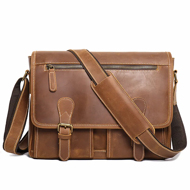 Mens Laptop Messenger Bags Leather Satchel Crossbody Bags Office Bag , Brown