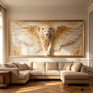 <span class=keywords><strong>Quadro</strong></span> Orizzontale 3D Personalizzato con <span class=keywords><strong>Leone</strong></span> Bianco Alato, Decorazione da Parete con Glitter Dorato per Ufficio e Casa, Stampa su Porcellana Cristallina con LED - Product Image 4
