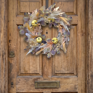 <b>Artificial</b> Autumn Pumpkin Wreath Decorative Door Hanging Floral Swag with Eucalyptus Leaves for Home Fall Harvest Decor - Product Image 4