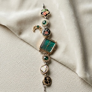 Zoryn Charm Bracelet <b>Watch</b> <b>Vintage</b> Aesthetic Enamel Rose Detail, Emerald Rhinestone, Handmade Beaded, <b>Ladies</b> Quartz Wrist <b>Watch</b> - Product Image 1