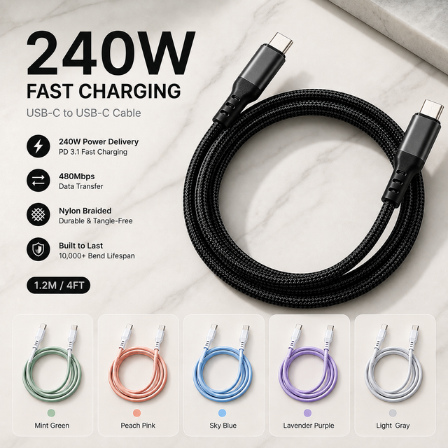 High Quality 240W USB C to USB C Cable 1.2M PD Fast Charging 5A Nylon Braided USB 2.0 OEM ODM Small Orders Accepted