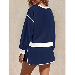 Fisoew Ensemble de survêtement 2 pièces pour femme, sweat-shirt à col rond, jupe-short taille haute, respirant, sportif, pour le tennis et la course à pied - Product Image 4