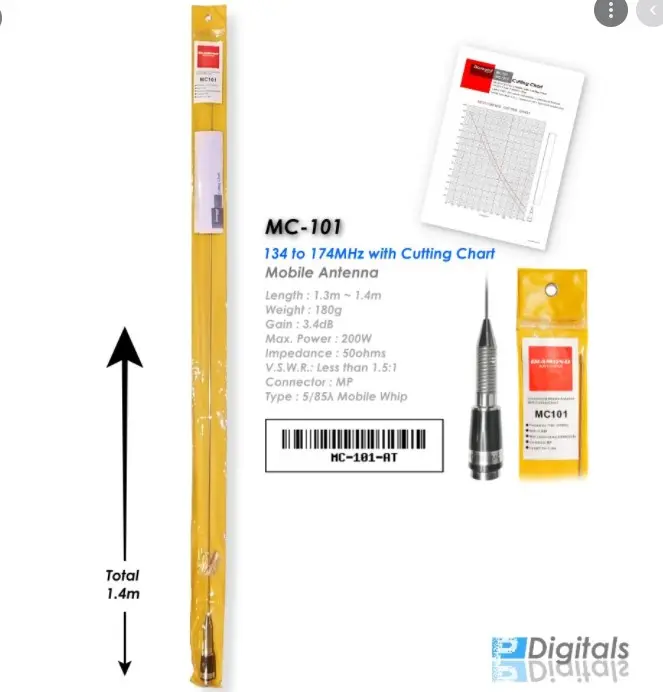 יהלומי MC-101, VHF נייד אנטנה כדי לקבל ולשדר 134-174Mhz עם חיתוך תרשים (מתכוונן על ידי גדיל גודל).