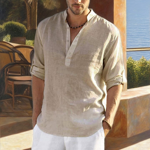 Bán Buôn Người Đàn Ông Của Lỏng Bông Linen Dài Tay Áo Giản Dị Áo Sơ Mi Rắn Màu Poplin Vải Đứng Cổ Áo Châu Âu Đồng Bằng Nhuộm Dệt Kim - Product Image 3