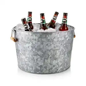 Cubo de hielo redondo, Tina de bebida galvanizada para eventos y fiestas, Cubo de fiesta de hojalata hecho a mano para bebidas