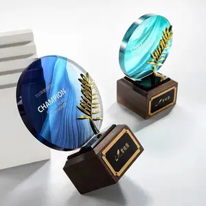 Aangepaste Tekst Blank Aluminium Plaat Palmbladeren Patroon Houten Base Glas Acryl Kristal Awards