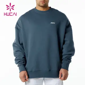 HUCAI OEM ODM manufactures Cotton plain color Custom logo printing men's oversized fitness crewneck sweatshirt