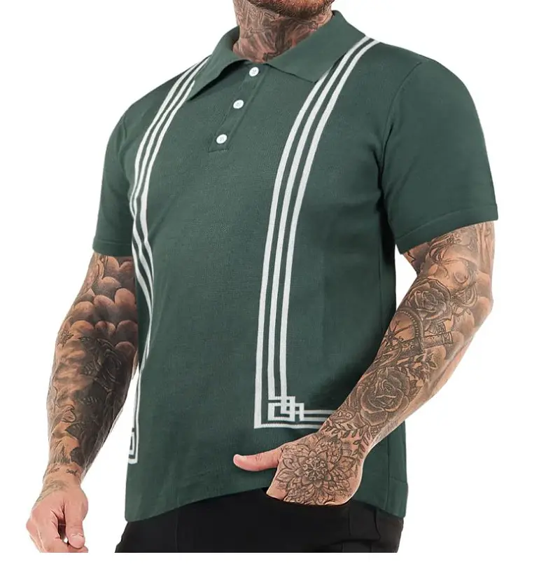 J&H Men's Summer white stripped green knitted shirt T-shirt men casual polo shirt business wear