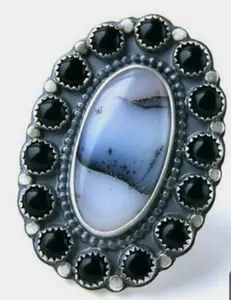 Oval kesim yarı değerli dendritik Opal & siyah oniks doğal taş 925 katı gümüş el yapımı güzel takı yüzük