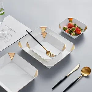 PITO Bol à salade moderne de luxe de 6 pouces en porcelaine osseuse Ensemble de bols pour banquet de mariage d'hôtel servant des assiettes en céramique à bord doré