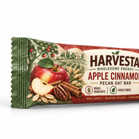 Sachet refermable personnalisé à scellage arrière pour emballage de barres d'avoine à la cannelle et aux noix de pécan, idéal pour les snacks protéinés végétaux