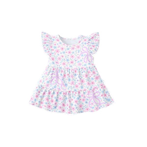 Vestido Transpirable de Verano para Niña, Modelo GSD3572, Personalizado, con Estampado de Flores Azul y Morado, Manga Voladora, Largo hasta la Rodilla, Venta al por Mayor - Product Image 1