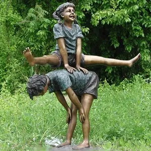 Tuin Levensgrote Bronzen Sprong Kikker Jongen En Meisje Standbeelden Messing Kinderen Spelen Sculpturen