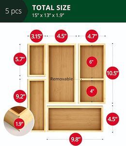 Houten 5-delige bamboe lade <span class=keywords><strong>organizer</strong></span> set met multifunctionele opbergbakjes voor keuken, badkamer, kantoor, make-up en sieraden - Product Image 4