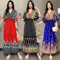 Robe longue d'été pour femme H-283, style ethnique, col en V, en coton et soie, imprimé champêtre, style bohème, pour les vacances