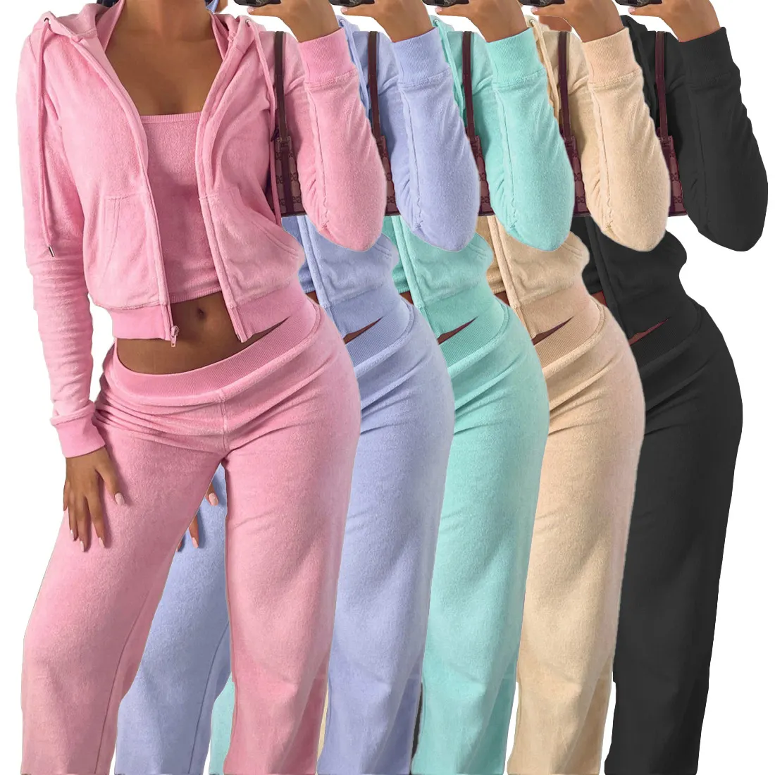 Abbigliamento da casa Streetwear tuta tuta rosa gilet di spugna felpa corta e pantaloni della tuta 3 due pezzi Set abbigliamento donna