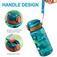 Botella Ecológica para Niños, Apta para Llevar al Colegio o de Viaje, 20oz, Plástico Resistente, con Asa, Pajita, Tapa Antiderrames y Boquilla Pop-Up