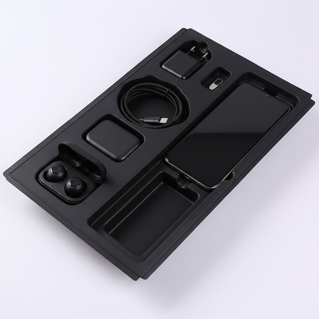 High-end Biodegradable Molded Paper Pulp Electronics Packaging Tray Inserts, Customized Black Paper Pulp Molded Packaging