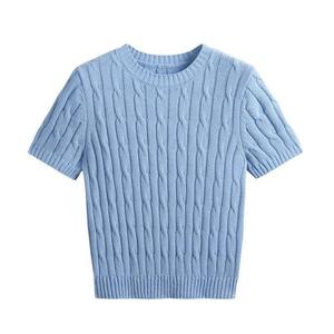 여성 여름 얇은 반팔 니트 셔츠 회색 텍스처 패턴 한국 레트로 레터 자수 레귤러 핏 탑 - Product Image 2