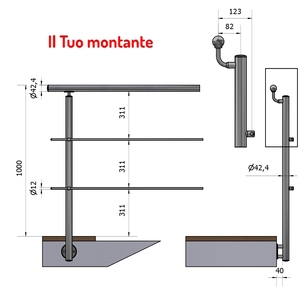 ราวจับสำหรับ A4 P110132-2แบบตั้ง2คาน Ø 42.4ชดเชยผ้าซาตินสแตนเลสราวจับยึดด้านข้าง316ราวจับ - Product Image 1