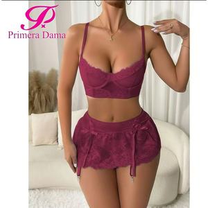 Da donna Sexy pizzo ricamato 3 pezzi Lingerie Set reggiseno trasparente gonna perizoma regolabile biancheria intima OEM fornitore all'ingrosso per - Product Image 2