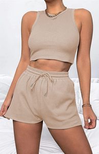 Solide femmes décontracté court 2 pièces ensemble transfrontalier été sans manches gaufres costume couleur unie gilet Skinny Fit tricot tissu - Product Image 5
