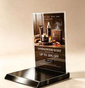 Espositore da Tavolo in Acrilico con Base in Acciaio Inox, Porta-Insegna per Negozi di Cosmetici - Product Image 1