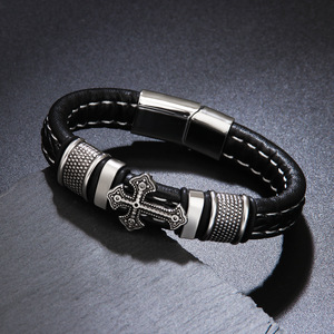 Cross <b>Leather</b> <b>Bracelet</b> Black Red Magnetic Clasp Men's Jewelry Gift Fashion Wrap <b>Bracelet</b> - Product Image 3