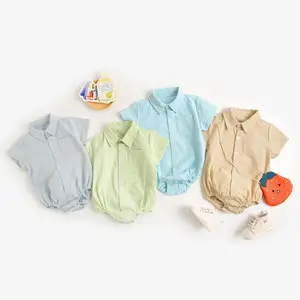 竹材粉色绿色蓝色米色衬衫衣领男女通用婴儿休闲连裤夏季男童连裤