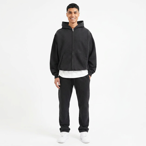 Logo personnalisé hommes double fermeture éclair surdimensionné poids lourd fermeture éclair à capuche sweat-shirt court sweat à capuche unisexe - Product Image 1